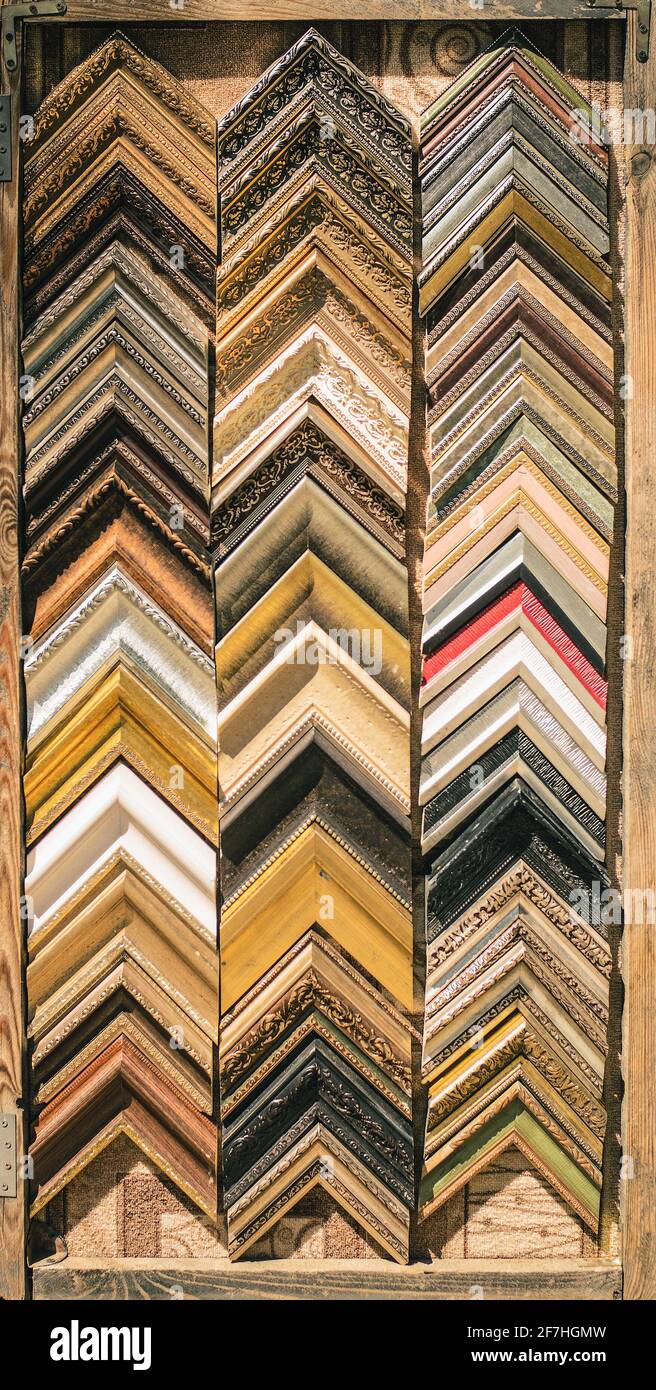Corners of picture frames stacked one on each other at a display to buy
