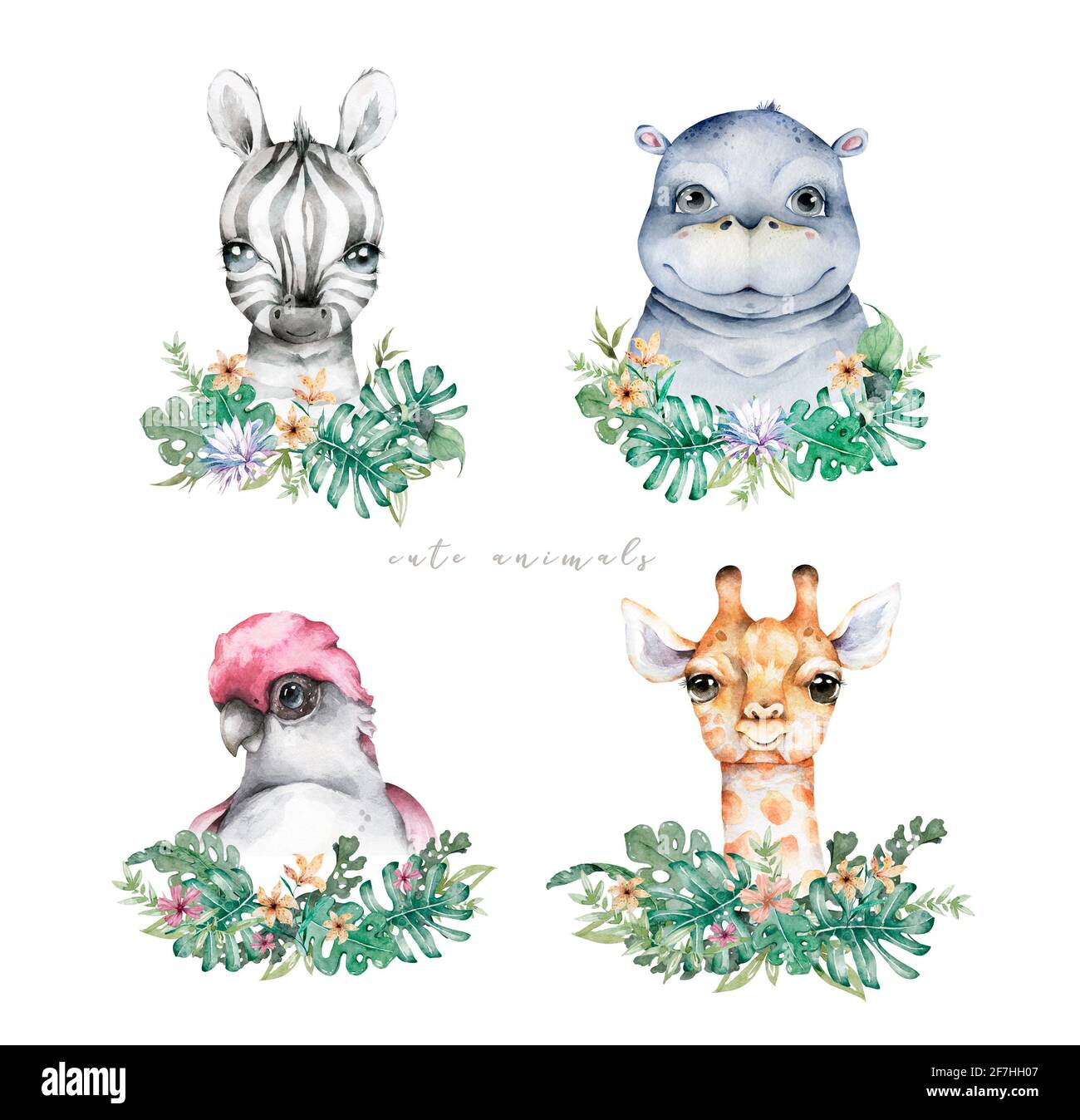 Poster with african animals. Watercolor cartoon cute tropical animal  illustration. Jungle exotic summer print. White background Stock Photo -  Alamy, image size:1300x1348