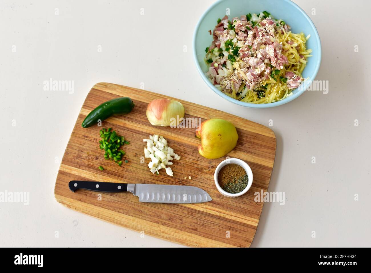 Homemade gourmet stuffed pork burger ingredients for preparing seasonal summer bbq and picnic food. Photo concept, food background, lifestyle, cooking Stock Photo