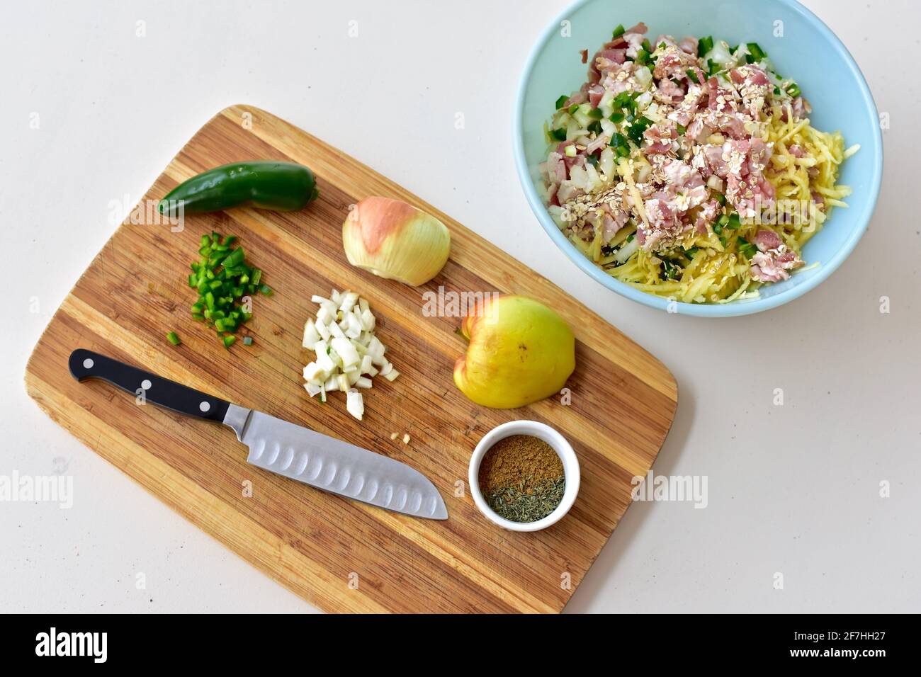 Homemade gourmet stuffed pork burger ingredients for preparing seasonal summer bbq and picnic food. Photo concept, food background, lifestyle, cooking Stock Photo