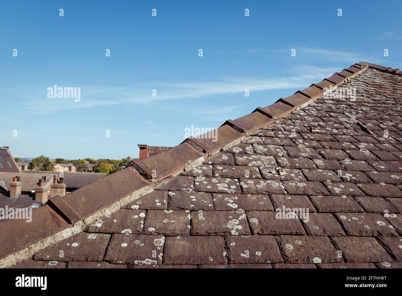 A triangle or hip roof end showing the ridge with capped angle tiles, mortar and lichen on the old traditional stone slates Stock Photo