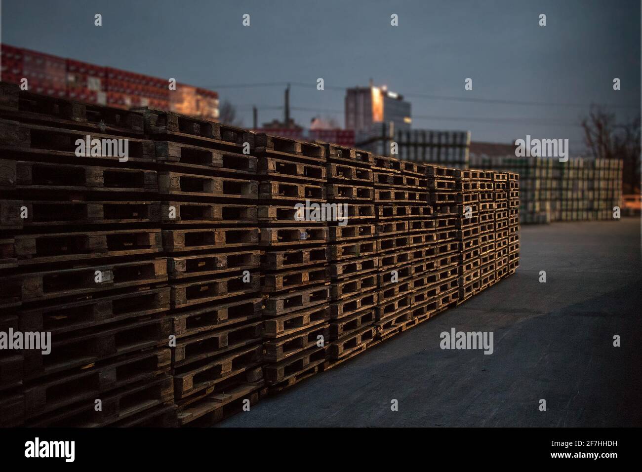A row or stack of wooden euro palettes in early foggy morning. Used euro palettes waiting in an open space warehouse during early morning hours. Stock Photo