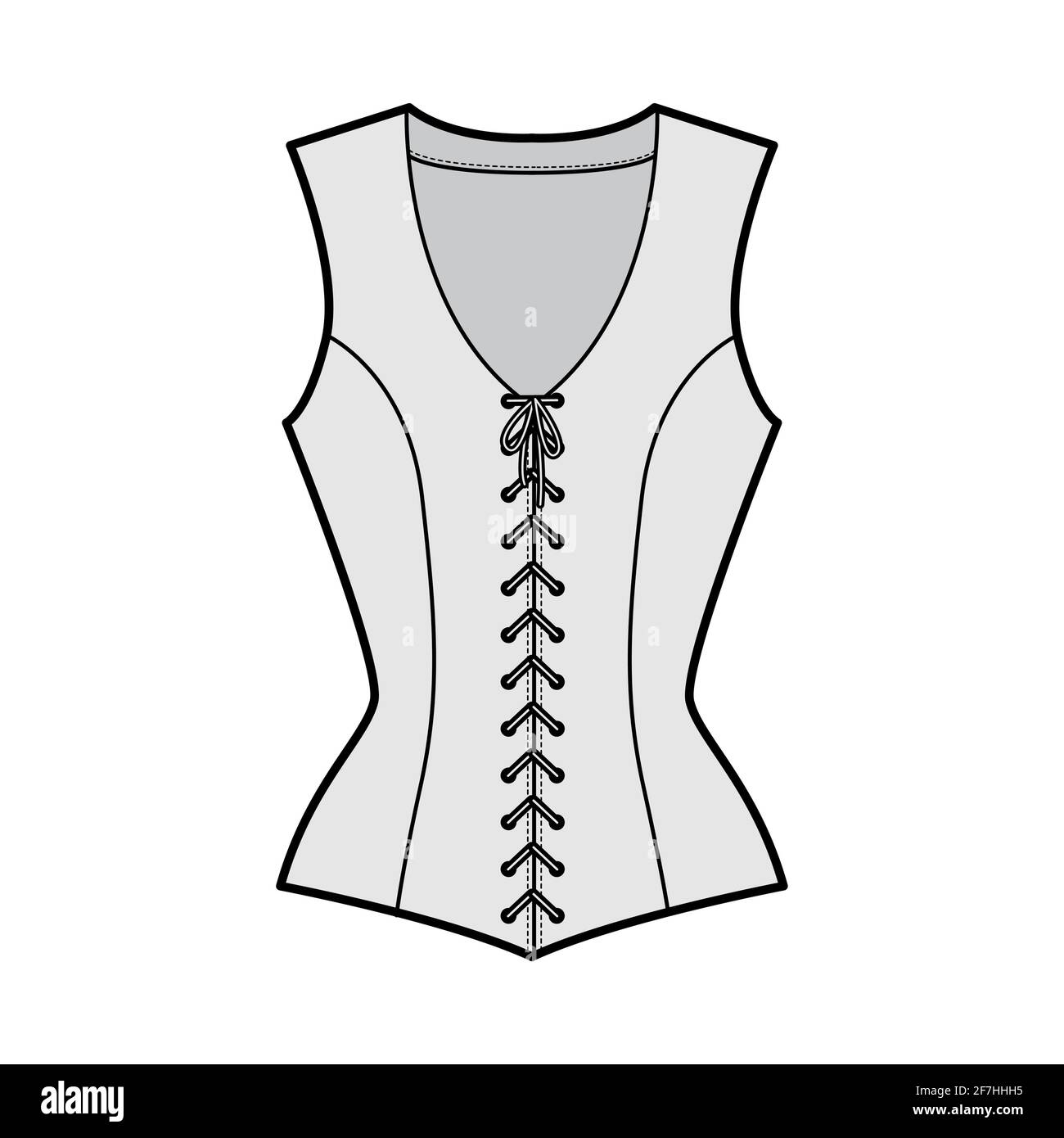 Bodice vest waistcoat technical fashion illustration with sleeveless,  V-neck, lacing front closure, fitted body. Flat template back, white, grey  color style. Women, men, unisex top CAD mockup Stock Vector Image & Art -