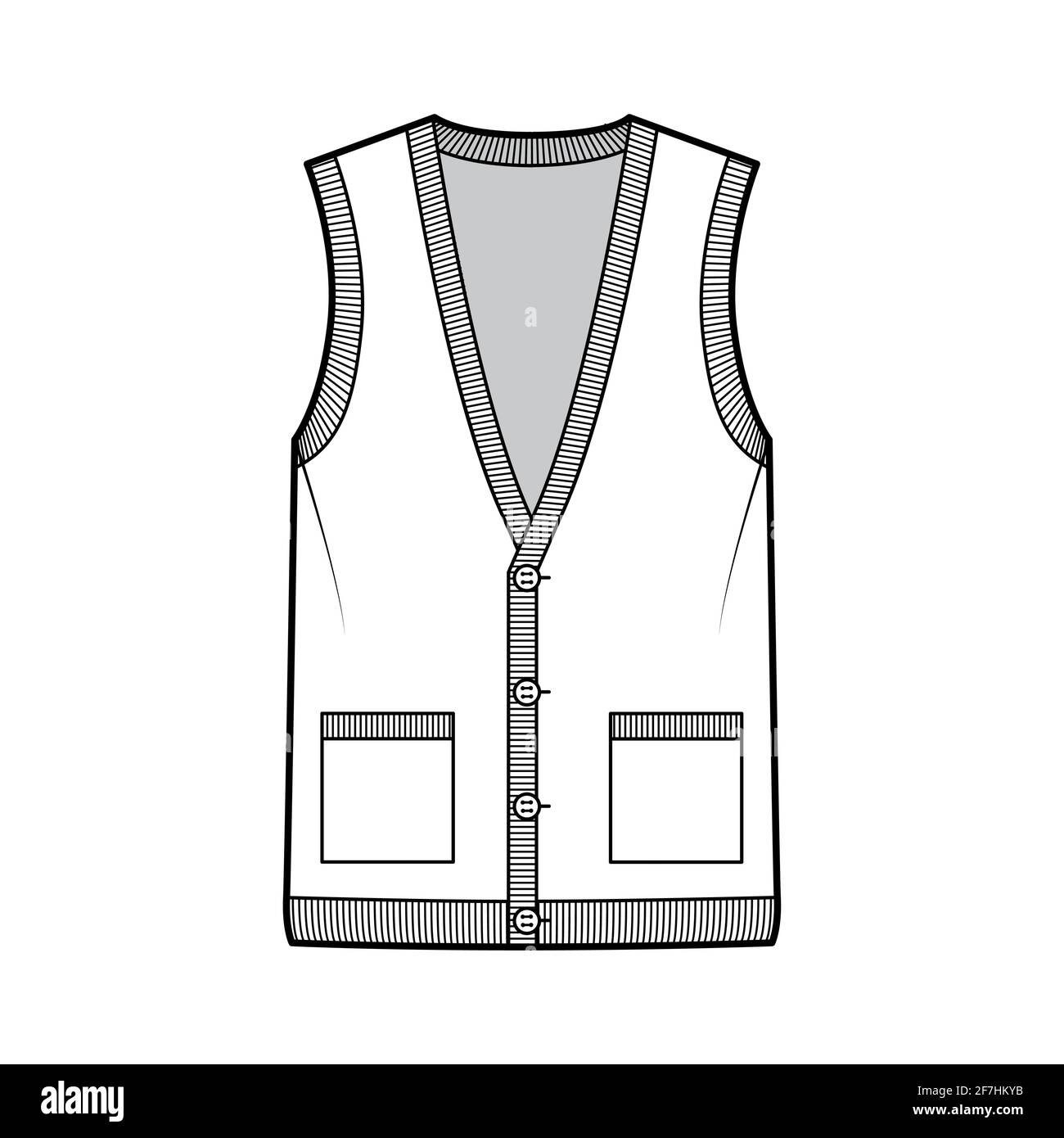 Cardigan vest sweater waistcoat technical fashion illustration with sleeveless, rib knit V-neckline, button closure, pockets. Flat template front, white color style. Women, men, unisex top CAD mockup Stock Vector