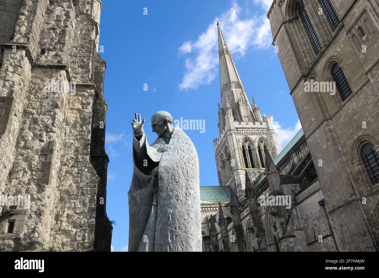 Bronze statue of Saint Richard outside Chichester Cathedral, West Sussex, England, UK.  Sculptor:  Philip Jackson Stock Photo