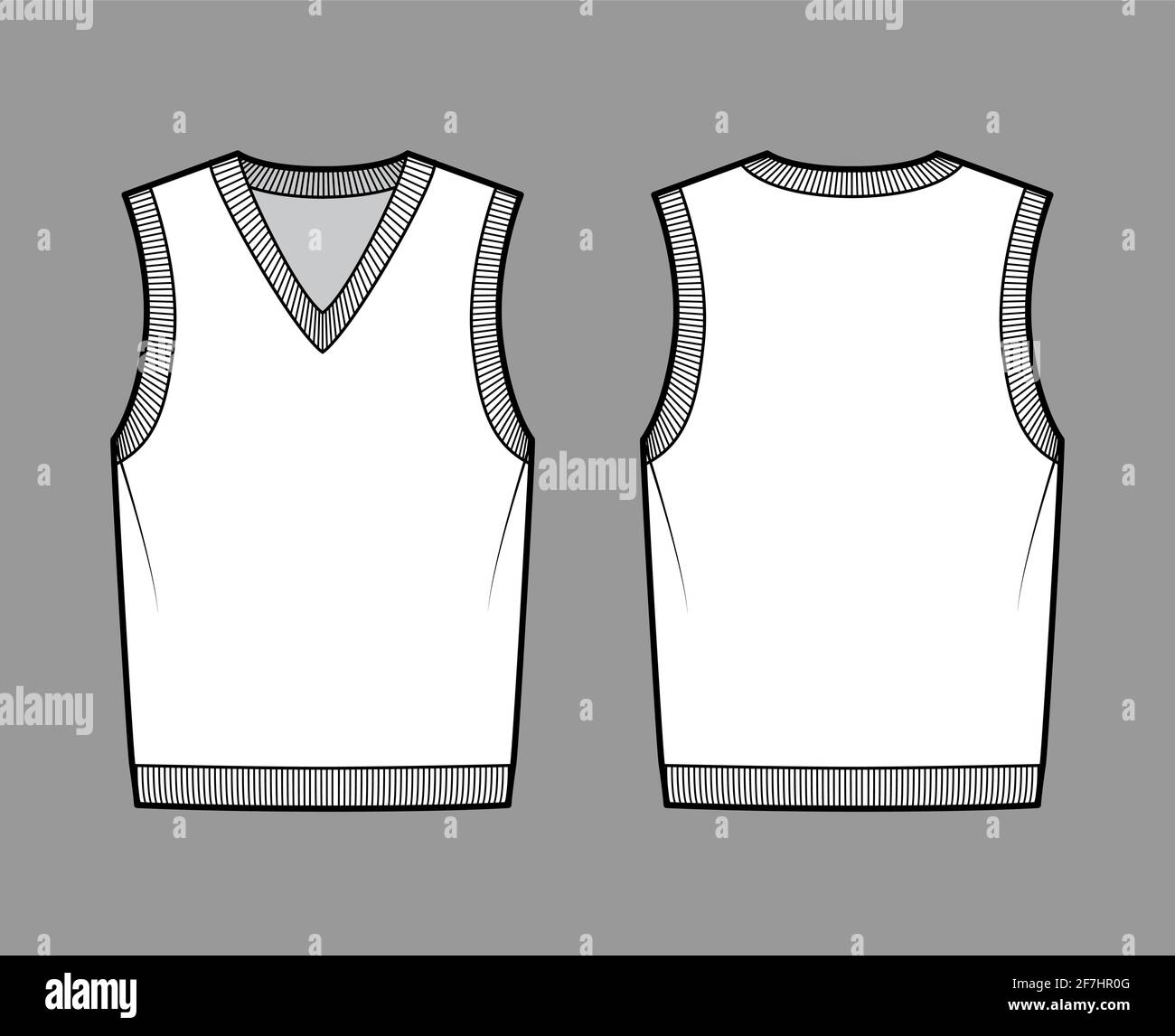 Pullover vest sweater waistcoat technical fashion illustration with sleeveless, rib knit V-neckline, oversized body. Flat template front, back, white color style. Women, men, unisex top CAD mockup Stock Vector