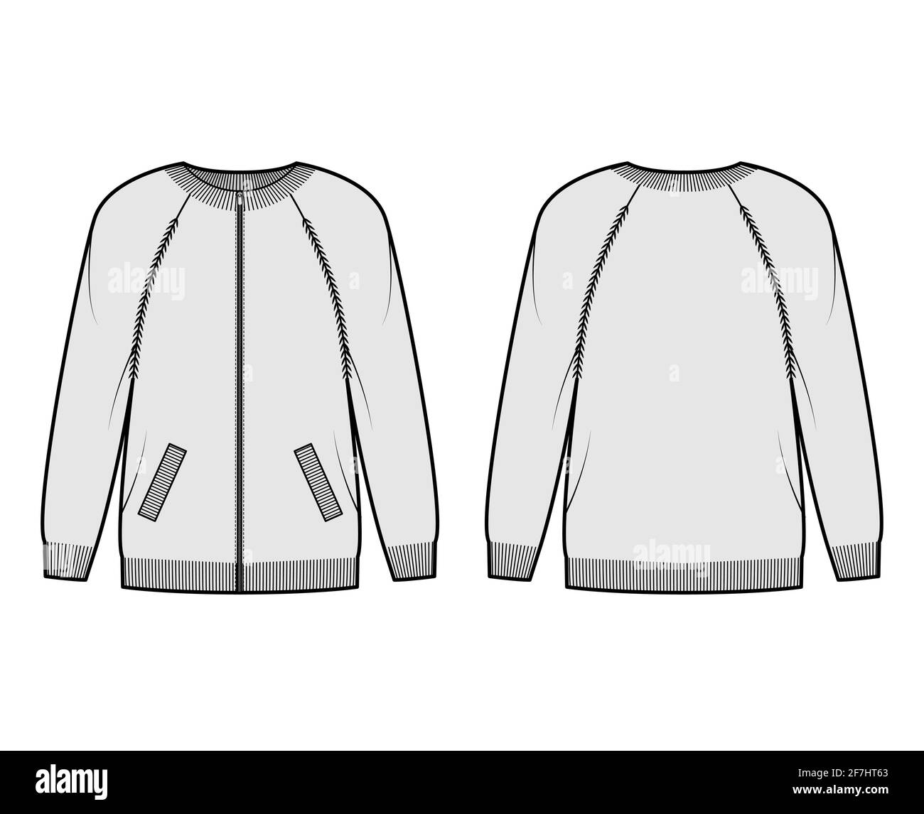 Zipup cardigan Sweater technical fashion illustration with rib crew