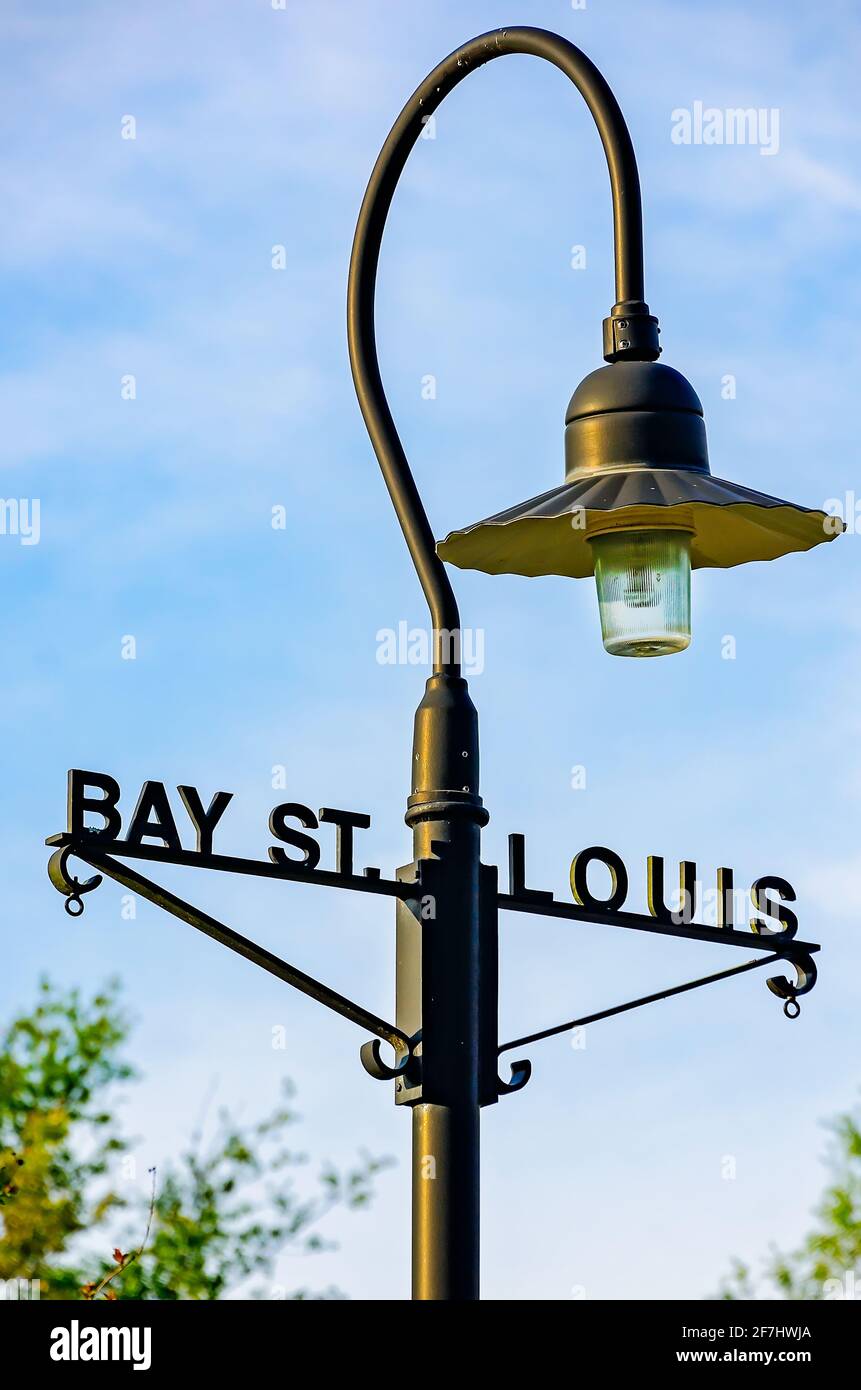 An old-fashioned street lamp stands in downtown Bay St. Louis, April 3, 2021, in Bay Saint Louis, Mississippi. Stock Photo