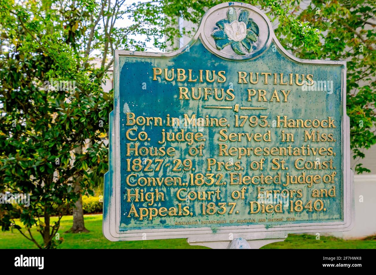 A historic marker for Judge Publius Rutilius Rufus Pray stands outside the Hancock County Courthouse, April 3, 2021, in Bay Saint Louis, Mississippi. Stock Photo