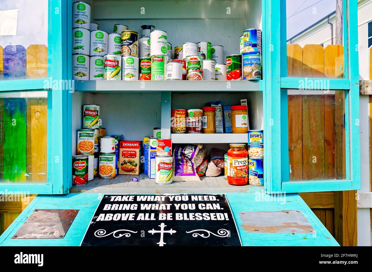 The food pantry at Ruth’s Roots is pictured in the downtown historic district, April 3, 2021, in Bay Saint Louis, Mississippi. Stock Photo