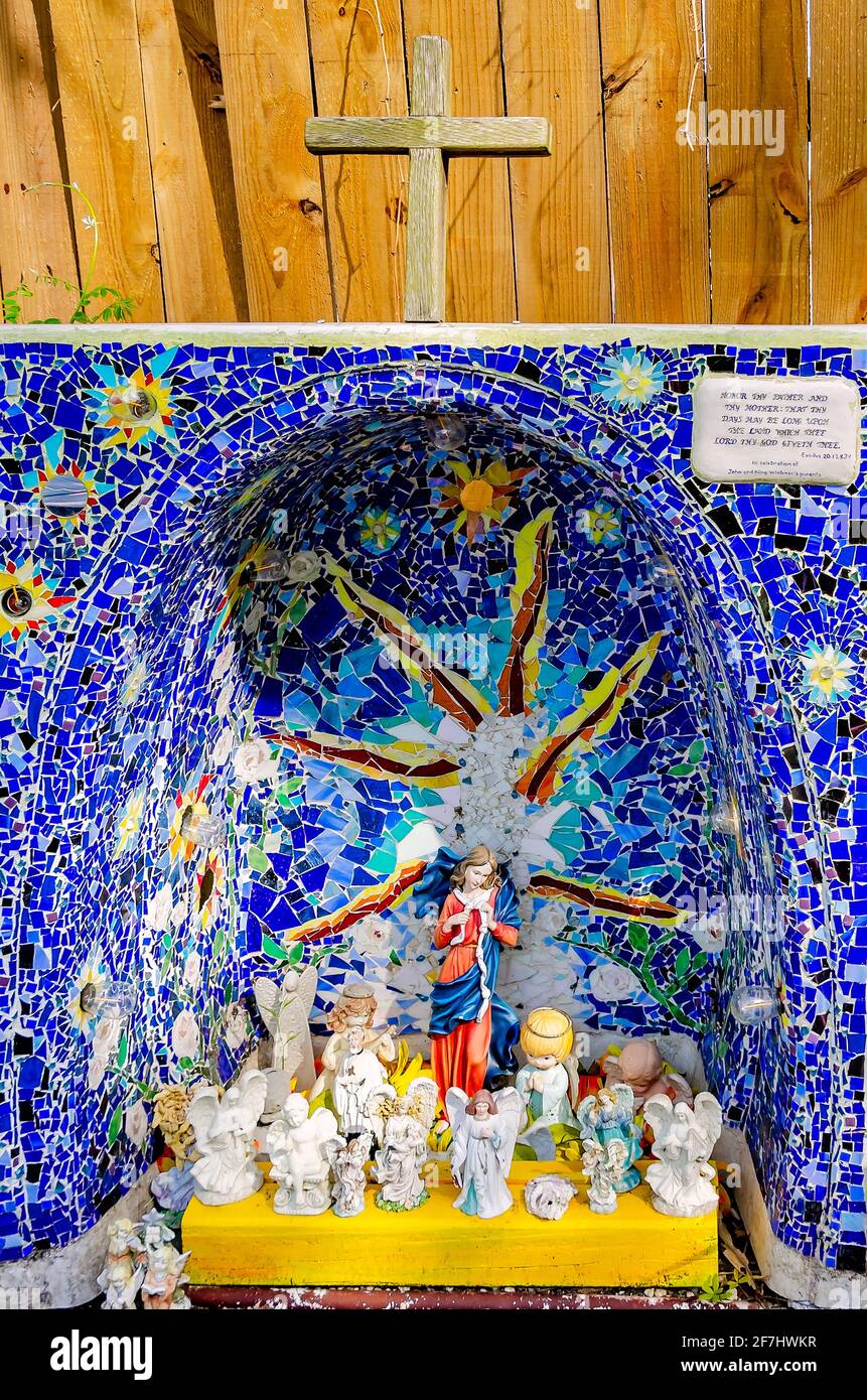 A religious shrine of mosaic tiles and angels honors parents at Ruth’s Roots, April 3, 2021, in Bay Saint Louis, Mississippi. Stock Photo
