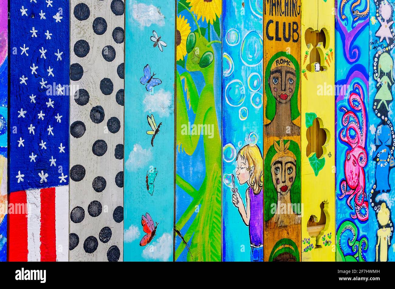Detail of the art fence at Ruth’s Roots is pictured in the downtown historic district, April 3, 2021, in Bay Saint Louis, Mississippi. Stock Photo