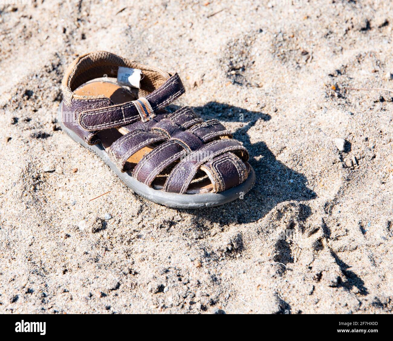 A child's sandal left behind on a sandy beach. Stock Photo