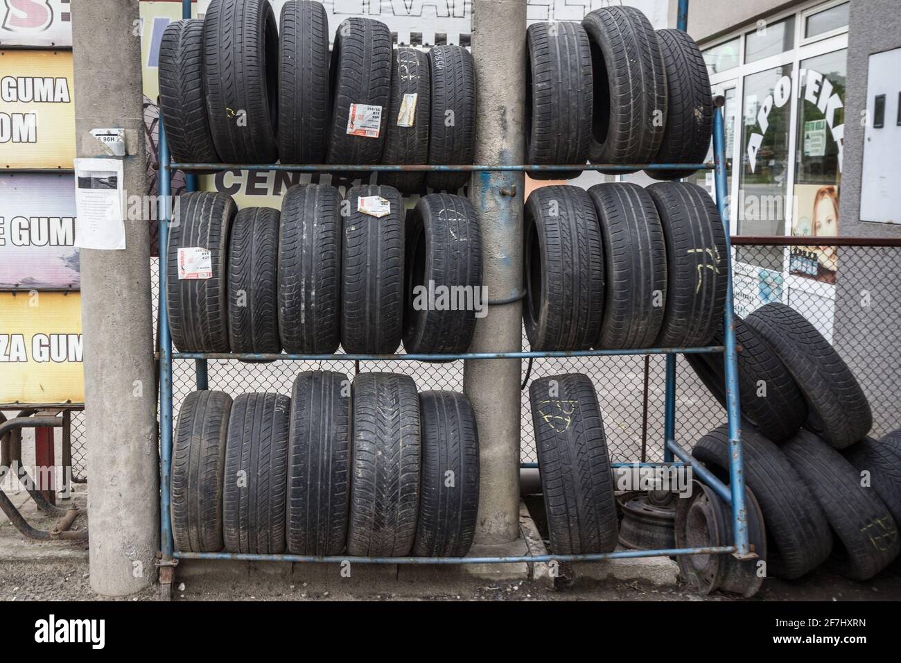 BELGRADE, SERBIA MAY 19, 2019 Used second hand tires for sales in a
