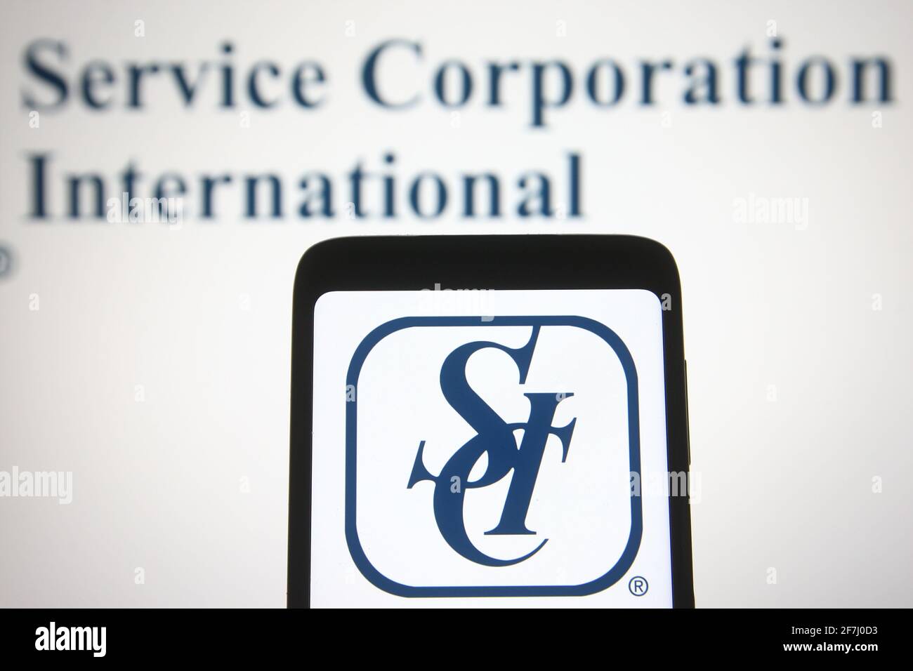 Ukraine. 7th Apr, 2021. In this photo illustration the Service Corporation  International logo is seen on a smartphone and a pc screen. Credit: Pavlo  Gonchar/SOPA Images/ZUMA Wire/Alamy Live News Stock Photo -