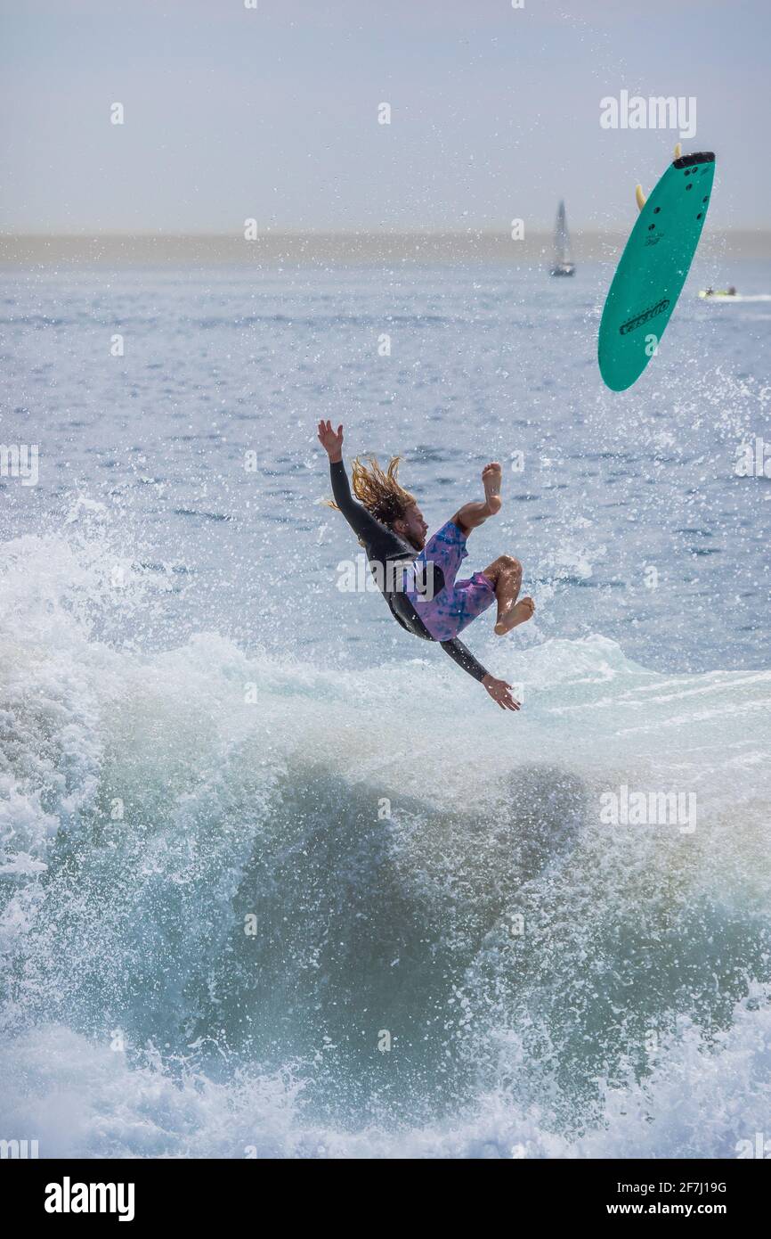 World Champion skimboarder Blair Conklin surfing and performing tricks  at the Wedge Newport Beach, California, USA Stock Photo