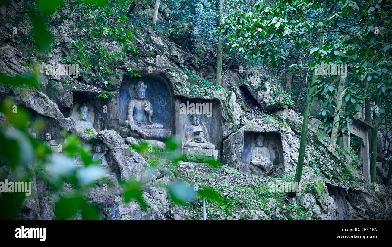 Stone carved Buddha statues on a stone wall surrounded by green trees ...