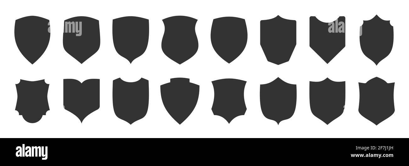 Shield shape black icon set. Security minimal sign guard flat heraldic simple symbol. Defense silhouette emblem. Strong protection logo design element. Privacy guarantee badge. Web firewall pictogram Stock Vector