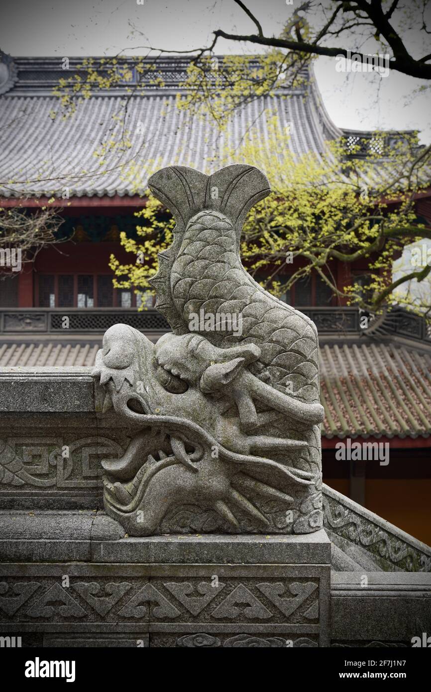 Stone carving of a strange creature from ancient chinese mythology mixes with dragon head and fish tail in Linyin Temple. Stock Photo
