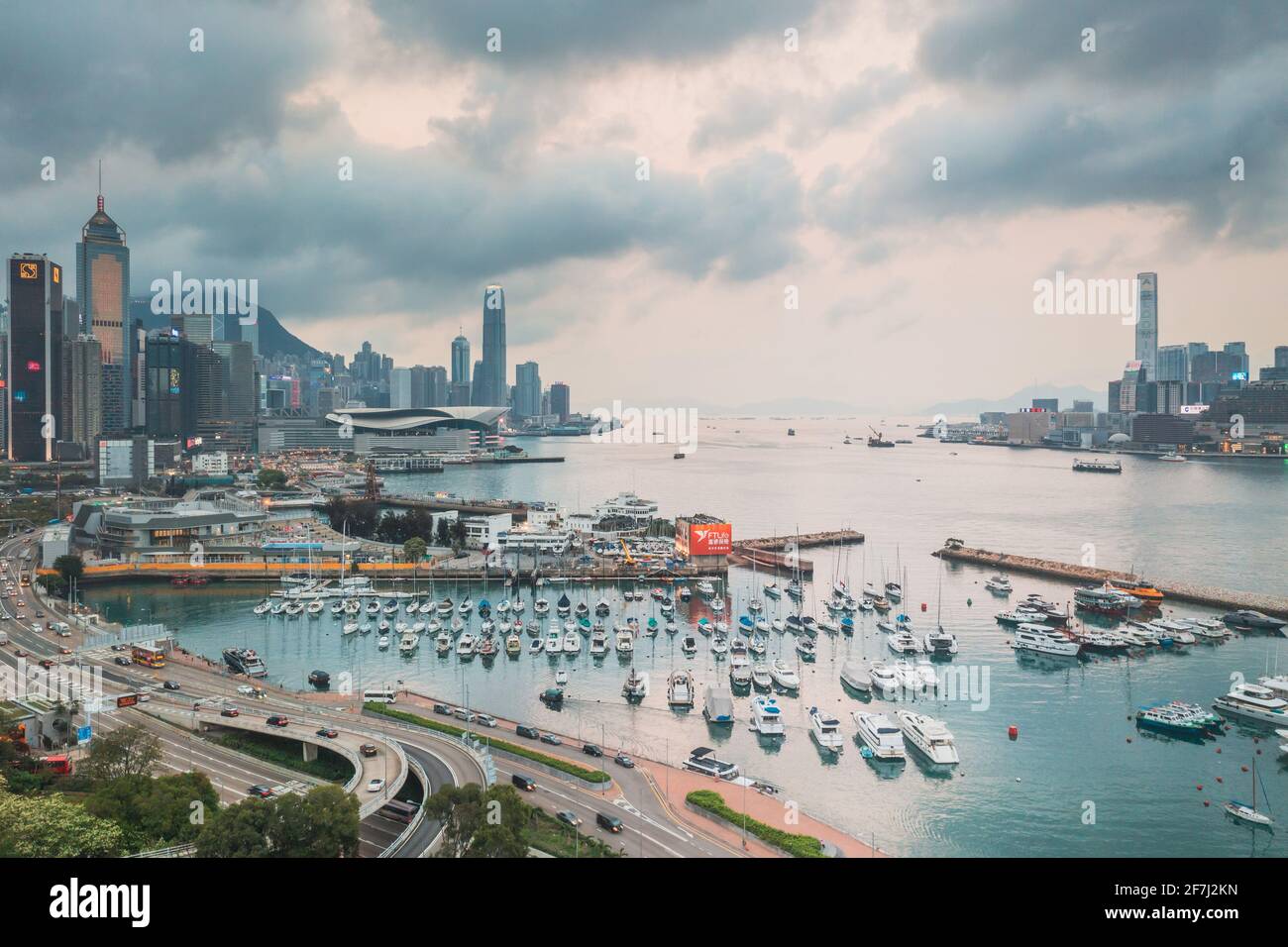 Epic aerial view of night scene of Victoria Harbour, Hong Kong, in