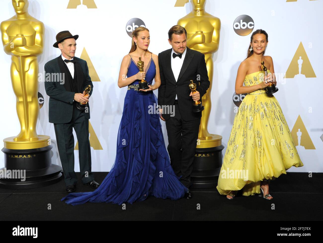 Oscar Winners LR Mark Rylance, Brie Larson, Leonardo DiCaprio, Alicia