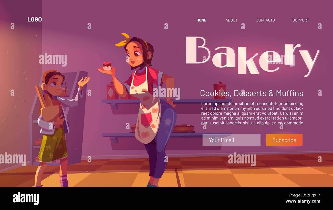 Bakery cartoon landing page, fresh bake house production cookies, desserts and muffins. Woman owner giving cake to little girl customer holding shopping package. Confectionery shop vector web banner Stock Vector