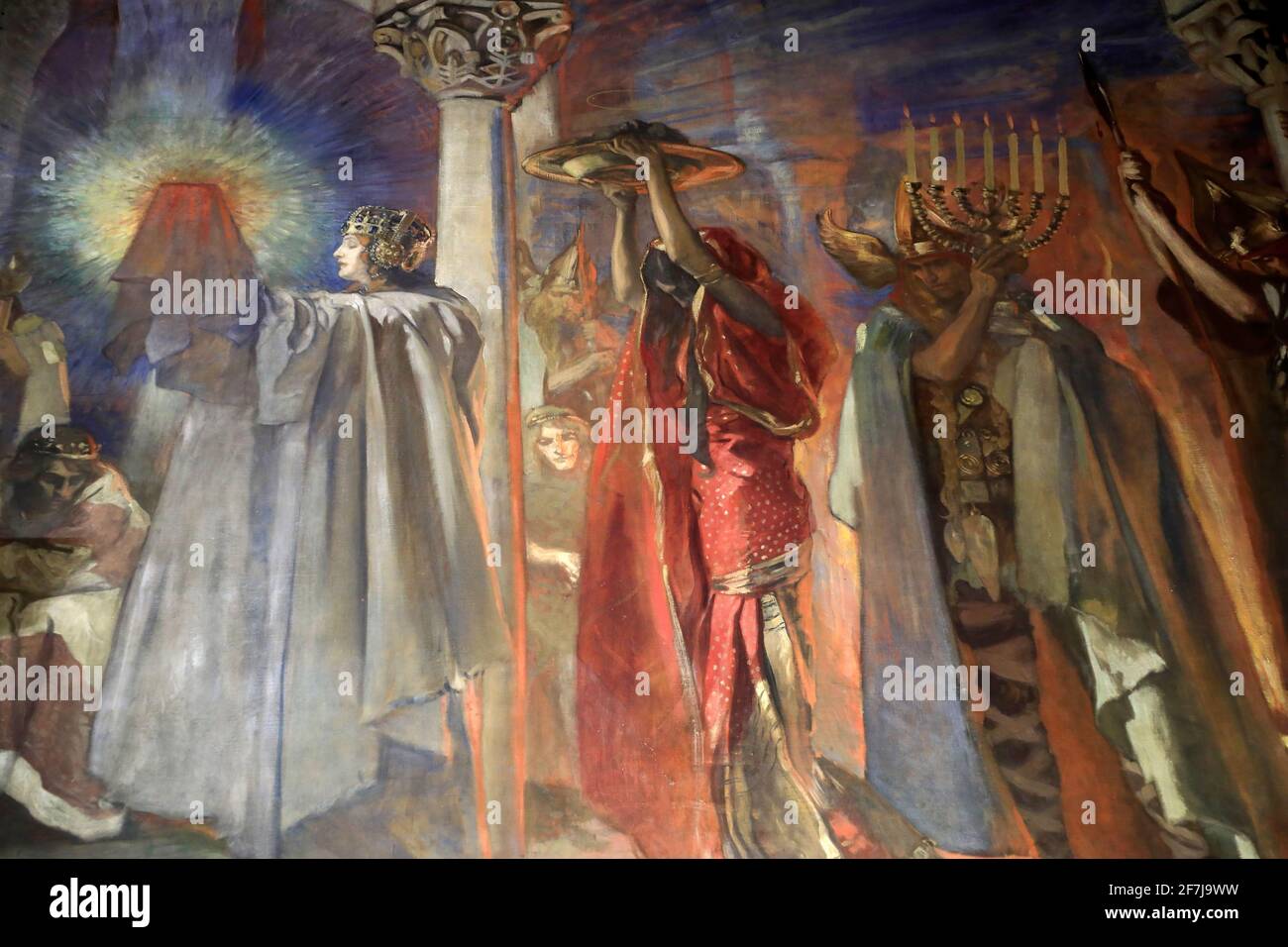 A closed up view of the Abbey Room Murals of the Quest and Achievement of the Holy Grail inside of McKim Building. Boston Central Library.Boston.Massachusetts.USA Stock Photo