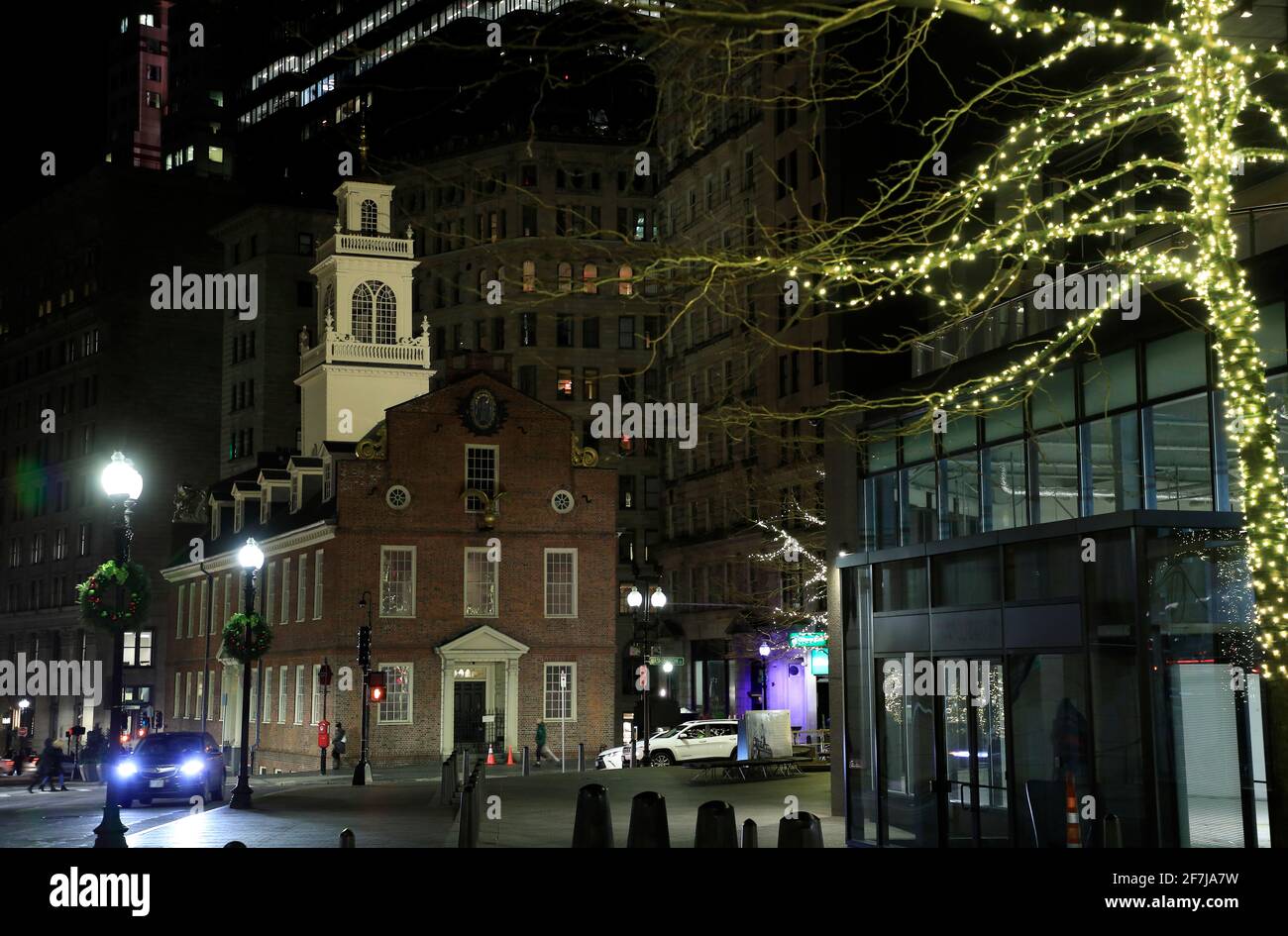 Night view of Old State House in downtown Boston.Massachusetts.USA Stock Photo