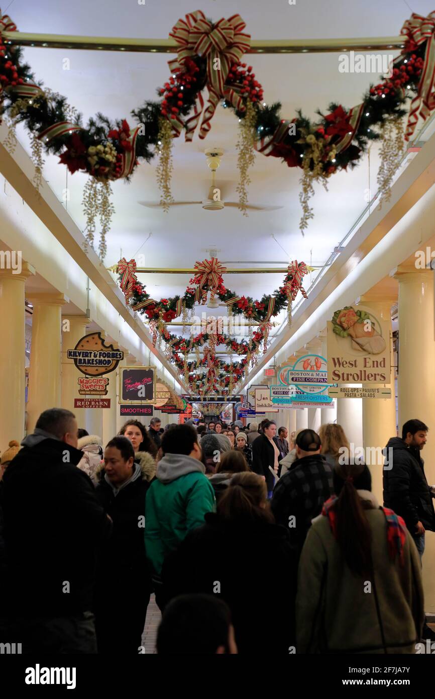 Interior view of Quincy Market Building with Holiday decoration.Faneuil Hall Marketplace.Boston.Massachusetts.USA Stock Photo