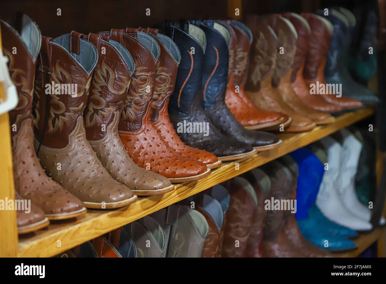 Cowboy boots on display in the factory of boots, saddlery, footwear and  leather crafts in the municipality of Moctezuma. Moctezuma, Sonora, Mexico.  . (Photo by Luis Gutierrez / Norte Photo) Botas vaqueras