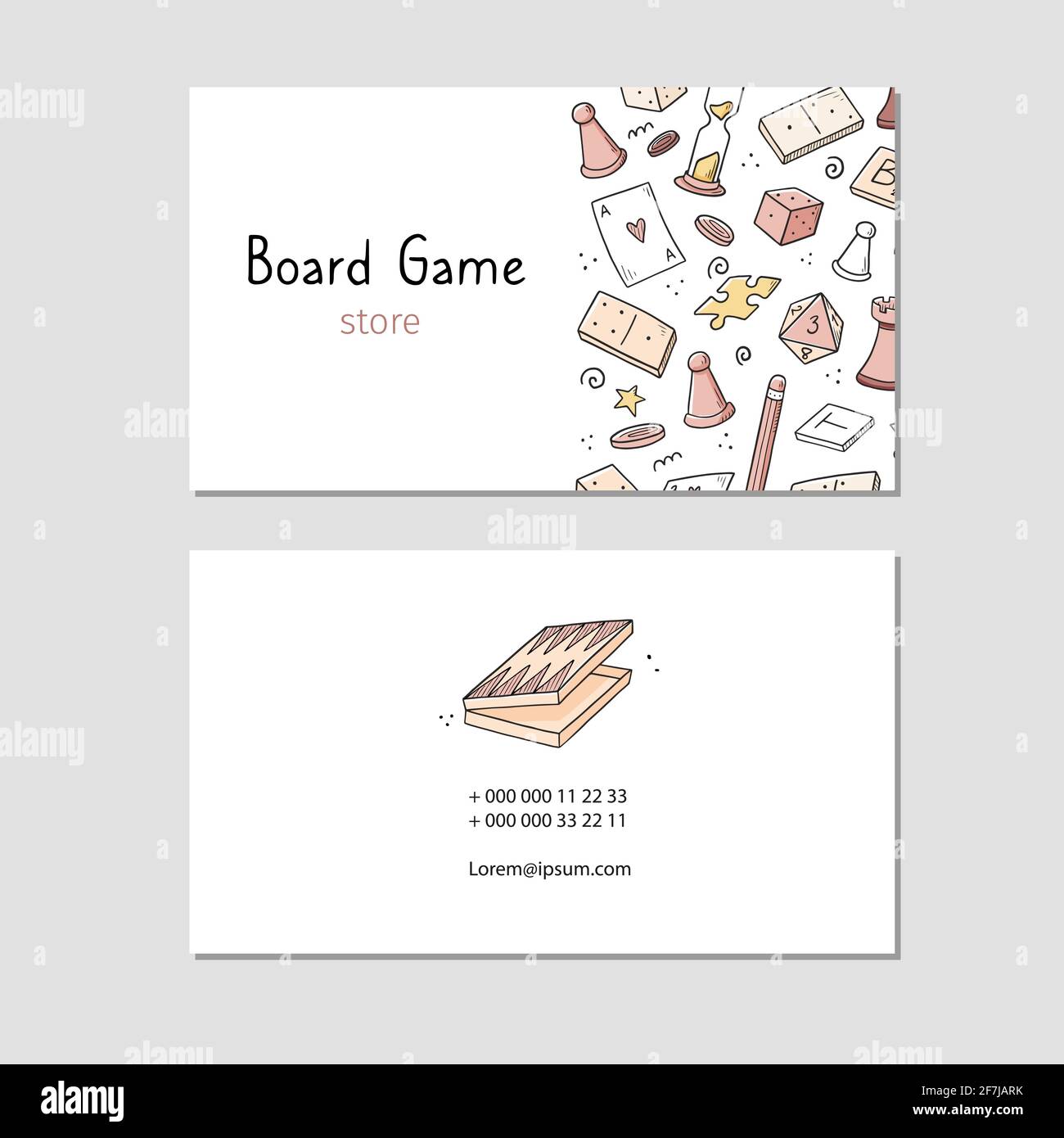 Visit card with board game element, cards, chess, hourglass, chips, dice,  dominoes. Doodle sketch style. Illustration for board game shop, store, game  competition business card design template Stock Vector Image & Art -
