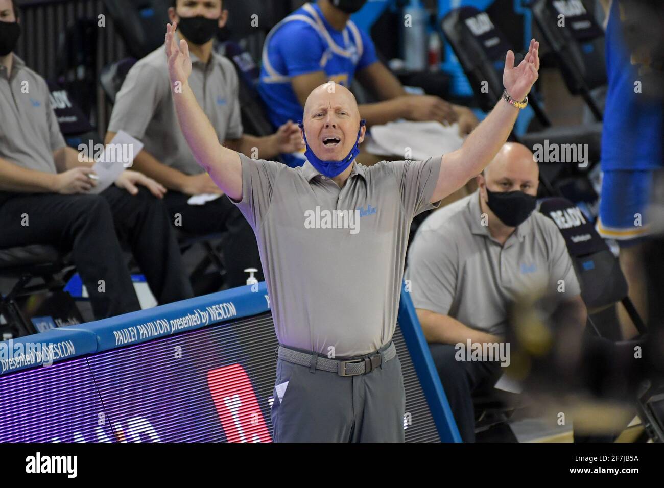 UCLA Bruins head coach Mick Cronin screams during an NCAA basketball game against the USC Trojans, Saturday, Mar 6, 2021 in Los Angeles. USC defeated Stock Photo