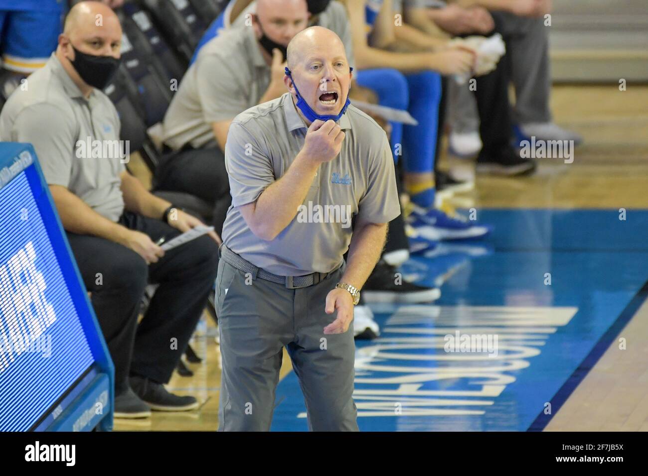 UCLA Bruins head coach Mick Cronin screams during an NCAA basketball game against the USC Trojans, Saturday, Mar 6, 2021 in Los Angeles. USC defeated Stock Photo