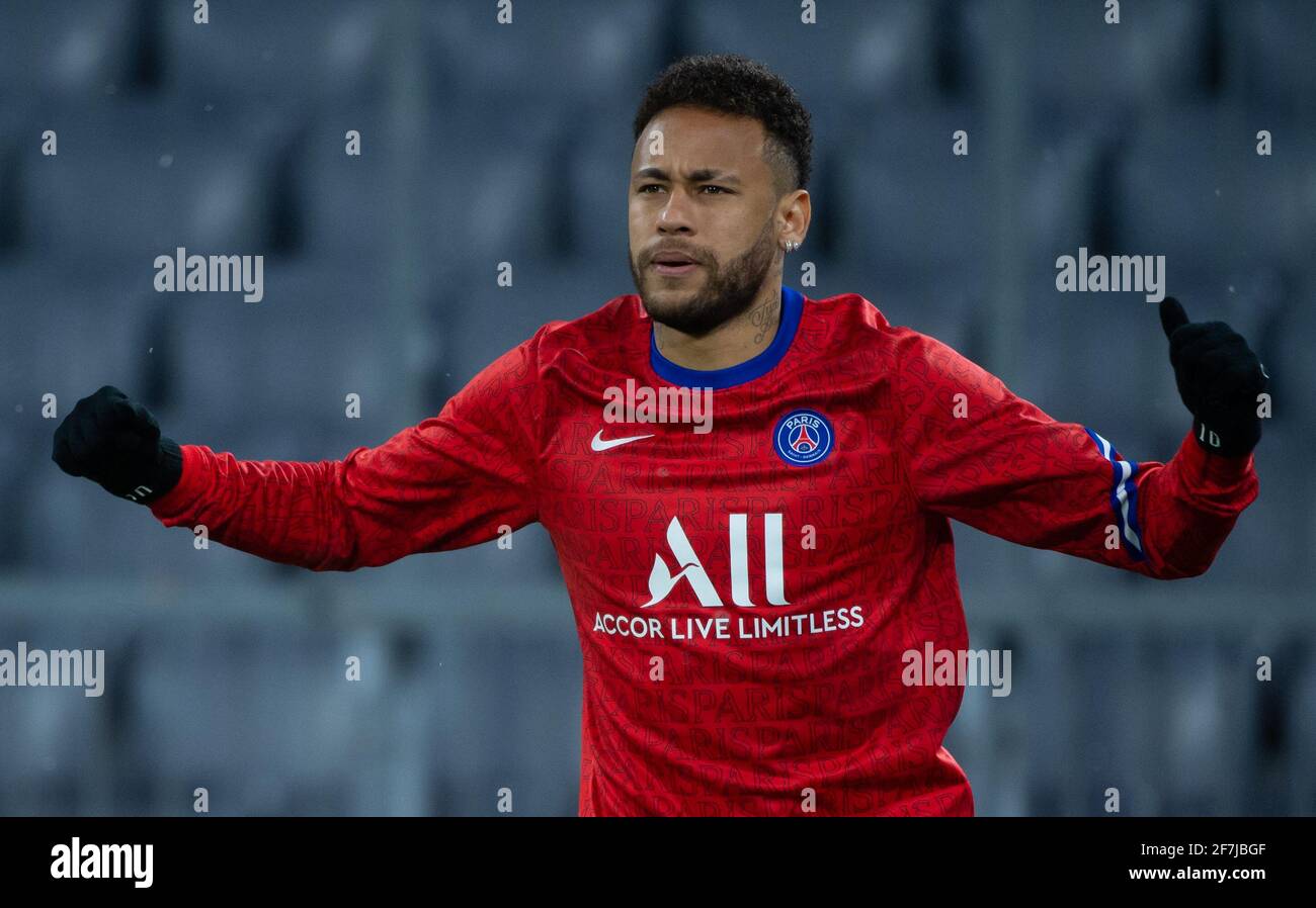Munich Germany. 07th Apr 2021. Football Champions League Bayern Munich Paris Saint Germain knockout round quarter finals first leg at Allianz Arena. Neymar Jr of Paris warms up. Credit Sven Hoppe dpa ...