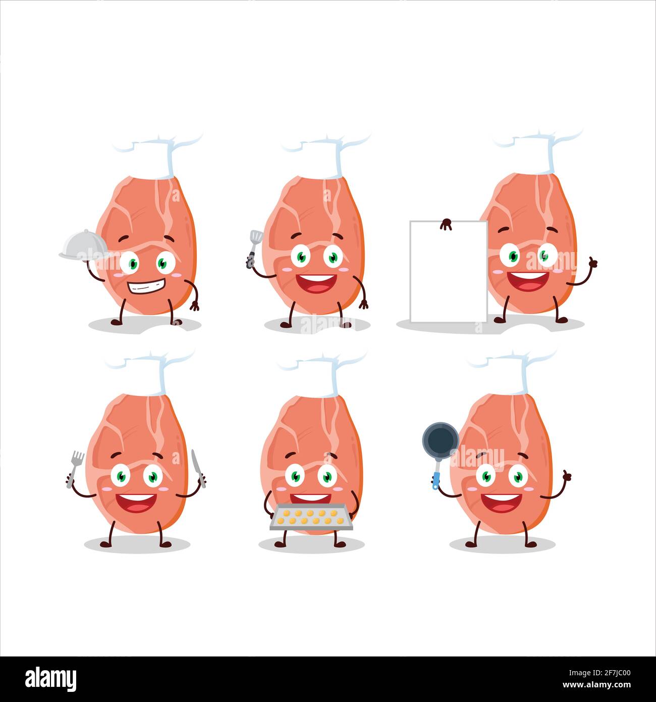 Cartoon character of slice of pork with various chef emoticons. Vector illustration Stock Vector