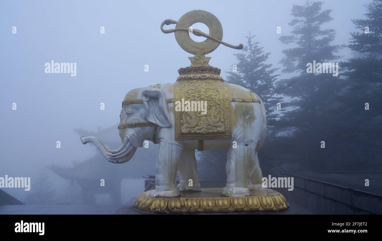 A huge elephant statue in heavy fog on Mount Emei. Stock Photo
