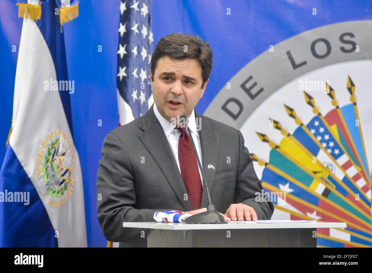 April 7, 2021, San Salvador, El Salvador: US Special Envoy RICARDO ZUNIGA speaks during a press conference. Zuniga and US charge d'affaires B. O'Brien meets with Salvadoran Attorney General  and CICIES commissioner. The Biden administration deployed Special Envoy on a 3 day trip to look into causes of migration and ways to implement new programs in the new administration's foreign policy. (Credit Image: © Camilo Freedman/ZUMA Wire) Stock Photo