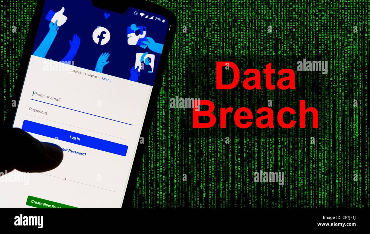 Facebook App aginst Leak text in red and Matrix-style green background. 533 Million Facebook User's personal information has been leaked online on Sat Stock Photo