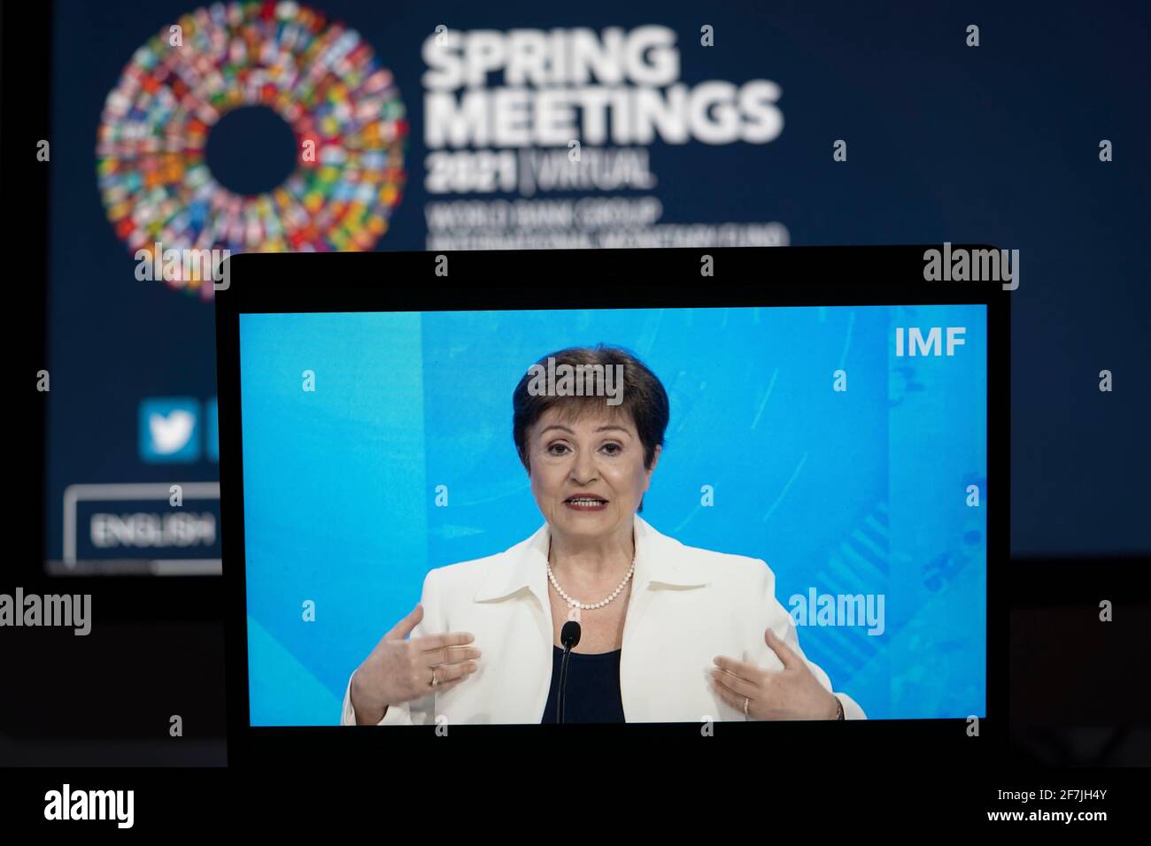 (210408) -- WASHINGTON, D.C., April 8, 2021 (Xinhua) -- Photo taken in Arlington, Virginia, the United States, on April 7, 2021 shows a screen displaying International Monetary Fund (IMF) Managing Director Kristalina Georgieva speaking at a virtual press conference during the IMF/World Bank Spring Meetings. Kristalina Georgieva on Wednesday urged policymakers to take the right actions by giving everyone a fair shot, as global economy is seeing a multi-speed recovery. (Xinhua/Liu Jie) Credit: Liu Jie/Xinhua/Alamy Live News Stock Photo