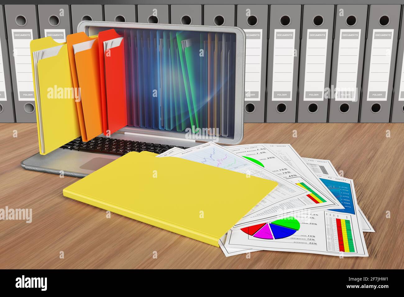 3D illustration. Computers with colored folders for storing documents ...