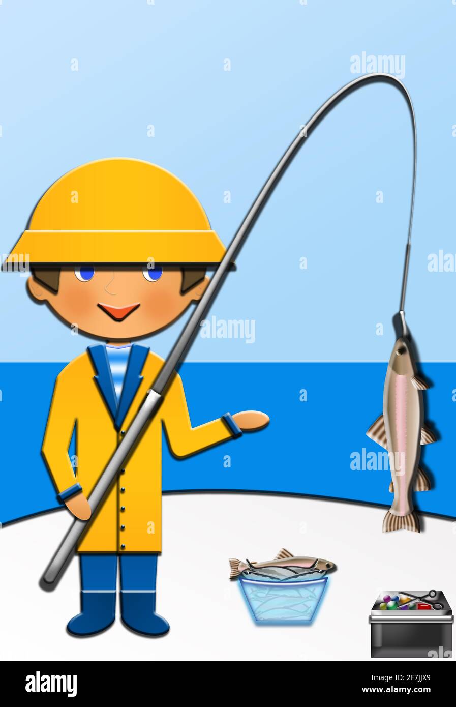 Cartoon of a cute Happy Fisherman, with a bucket of fish. This illustration  is part of a collection of different professions Stock Photo - Alamy
