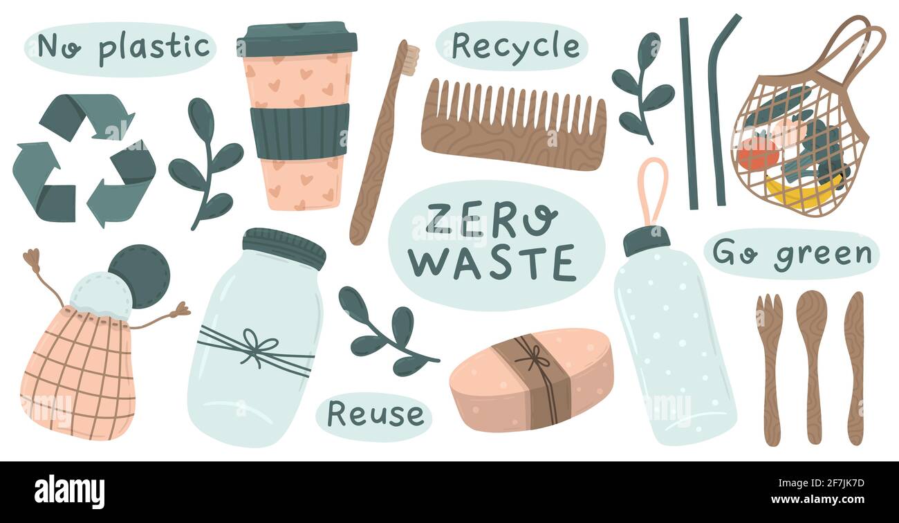 Recycle and reusable collection of zero waste objects: spoon, bag, cutlery, bottle straw, toothbrush, comb and face pads. Hand drawn flat style vector Stock Vector