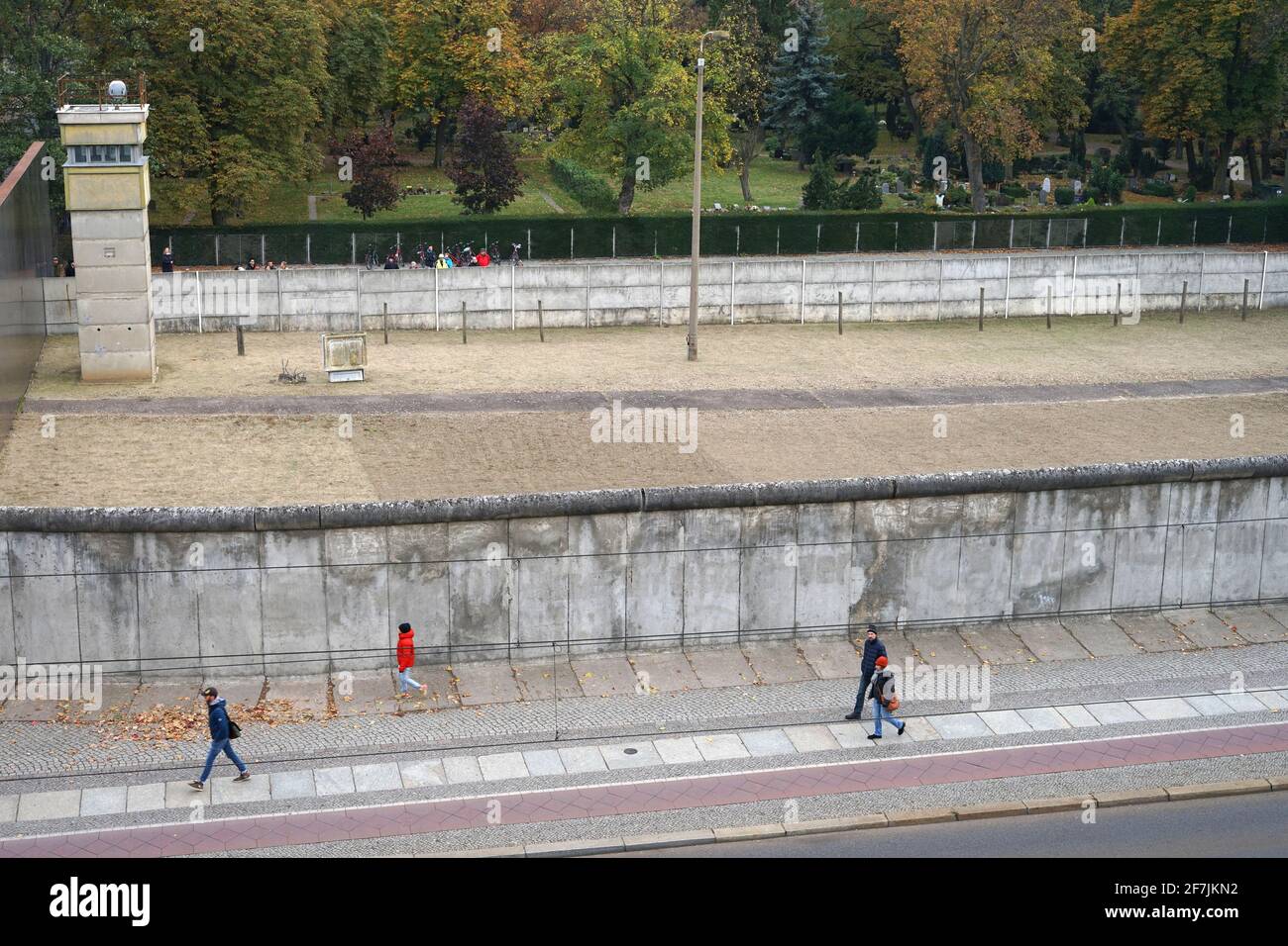 Berlin, Germany - November 1 2019: Berlin Wall and watchtower aerial view at Bernauer Street Memorial Stock Photo