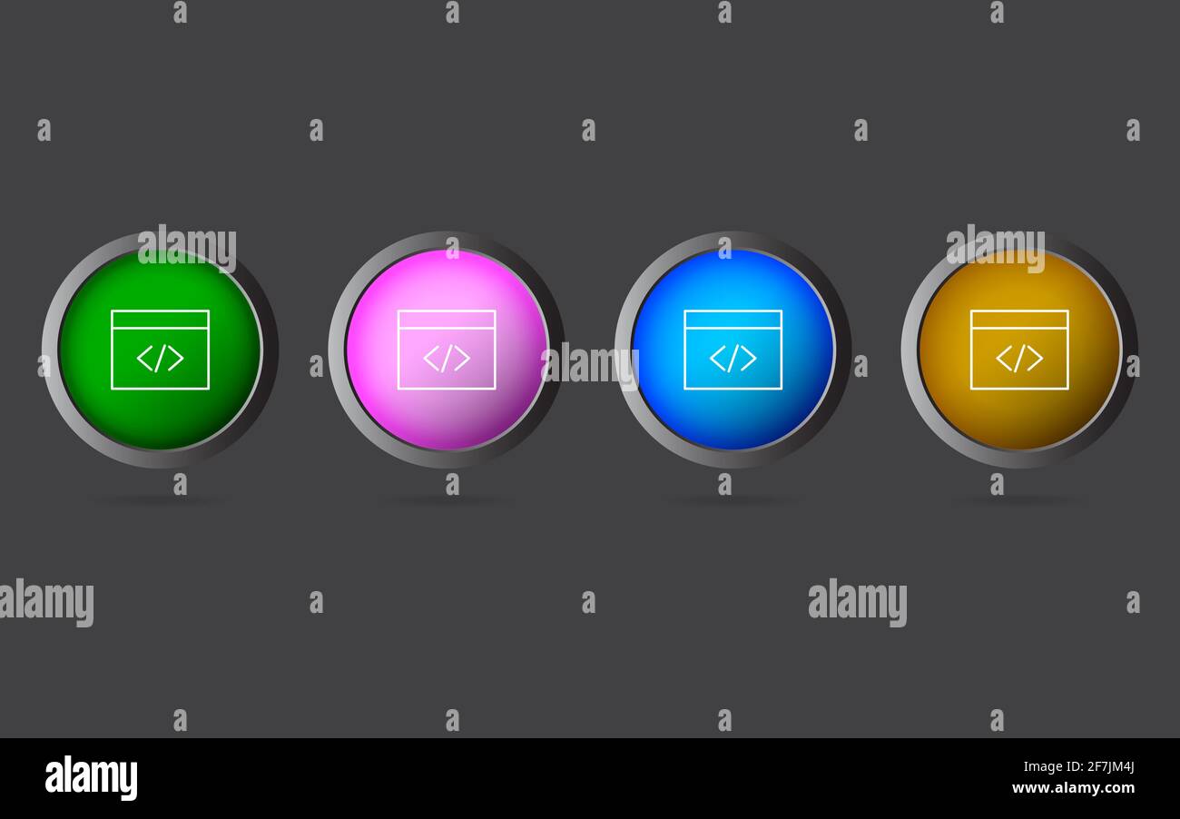 Very Useful Editable Coding Window Line Icon on 4 Colored Buttons. Stock Photo