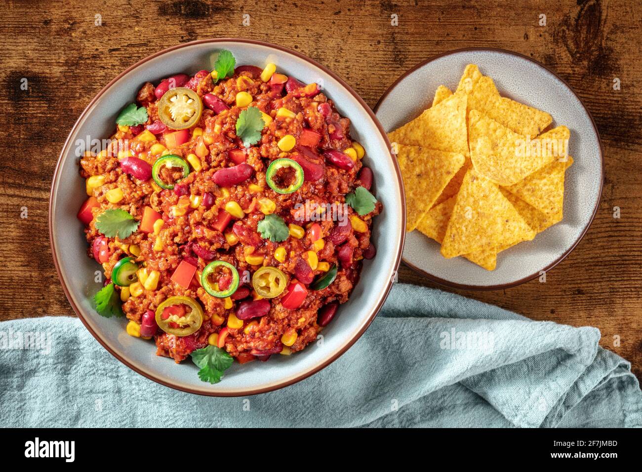 Chili con carne with nachos, overhead shot Stock Photo