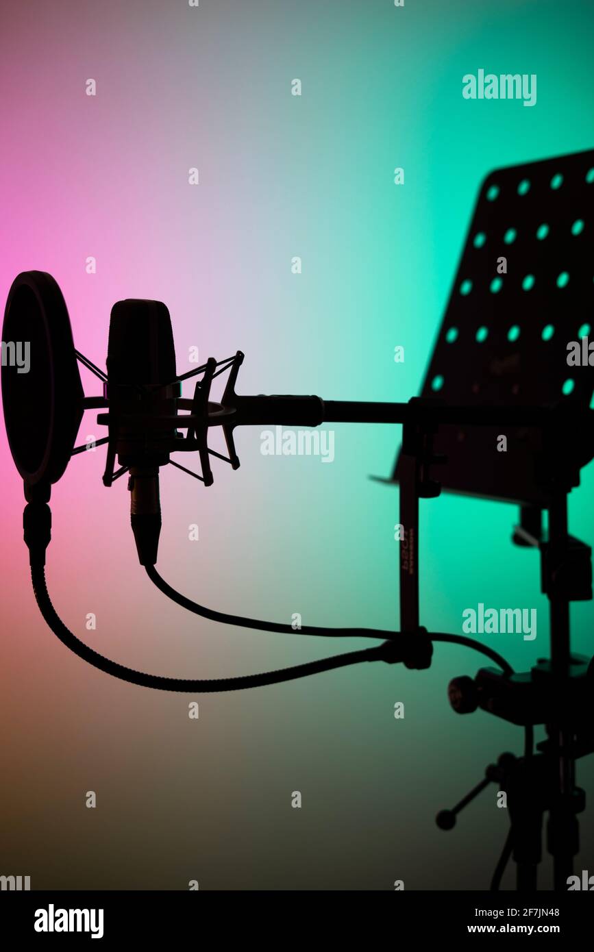 Voiceover studio large diaphragm cardioid microphone, headphones and lectern in professional