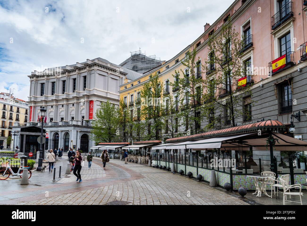 Madrid, Spain - April, 2, 2021: Plaza of Oriente in historic centre during the pandemic of covid-19 during Easter Week a rainy day Stock Photo