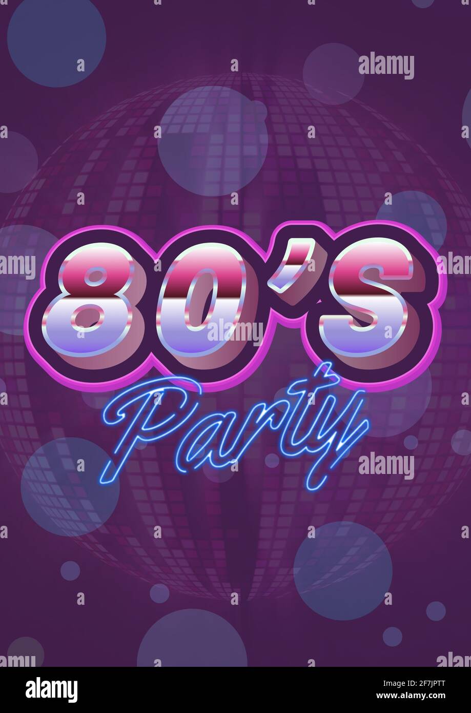 80's party written in shiny numbers and blue letters on invite with purple background Stock Photo