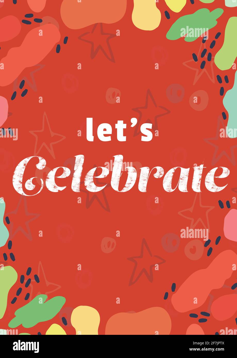 Let's celebrate written in white with colourful shapes on invite with red background Stock Photo