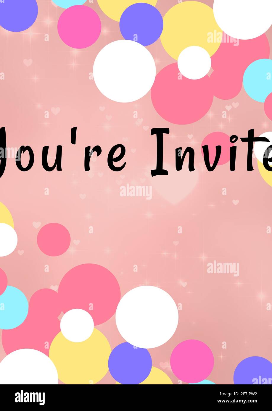 You're invited written in black with colourful circles on invite with pink background Stock Photo